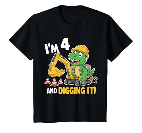 Kinder Ich bin 4 und Digging It T-Rex Riding a Construction Digger Boys T-Shirt von Dino Construction Birthdays for Little Adventurers