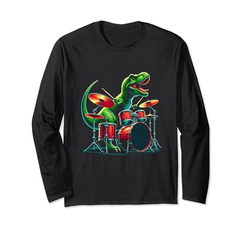 Cooler Dinosaurier-Schlagzeuger – Jungen Mädchen Kinder Schlagzeuger Langarmshirt von Dino Drum Beats Men Women Tees and Gifts