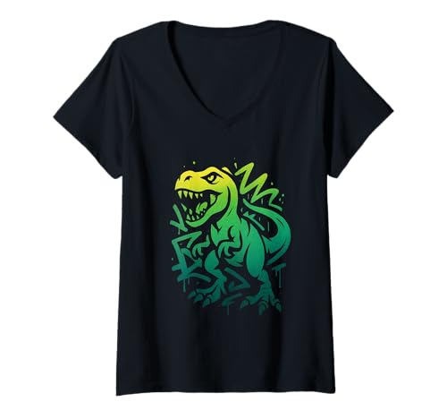 Damen T-Rex Graffiti Dinosaurier Street Art Design T-Shirt mit V-Ausschnitt von Dino Flow
