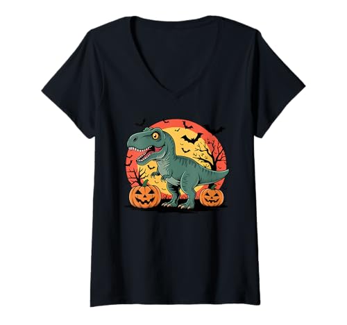 Damen Boo Crew Shirt Cute Ghost Pumpkin Candy Trick Treat T-Shirt mit V-Ausschnitt von Dino Halloween Tee Shirts for Kids Boys Girls