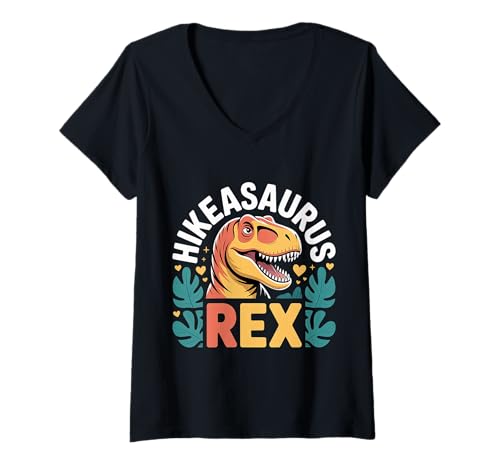 Damen Hikeasaurus Rex Dinosaurier -Wanderwanderer Wortspiele |- T-Shirt mit V-Ausschnitt von Dino Hiker Trail Trekking Humor