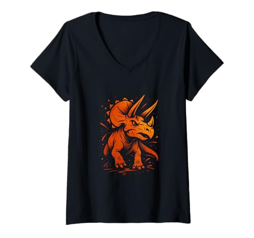 Damen Triceratops Graffiti Dinosaurier T-Shirt mit V-Ausschnitt von Dino Horns