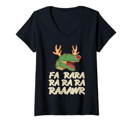 Damen Lustiger Dinosaurier Rentier FA Ra Rawr Weihnachtswitz T-Shirt mit V-Ausschnitt Damen Lustiger Dinosaurier Rentier FA Ra Rawr Weihnachtswitz T-Shirt mit V-Ausschnitt von Dino Humor für Feiertagsfans