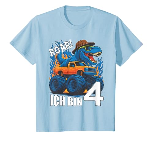 Kinder Dino Ich Bin 4 Dinosaurier Kindergeburtstag Monstertruck T-Shirt von Dino Monster Truck Kinder Geburtstag Geschenke