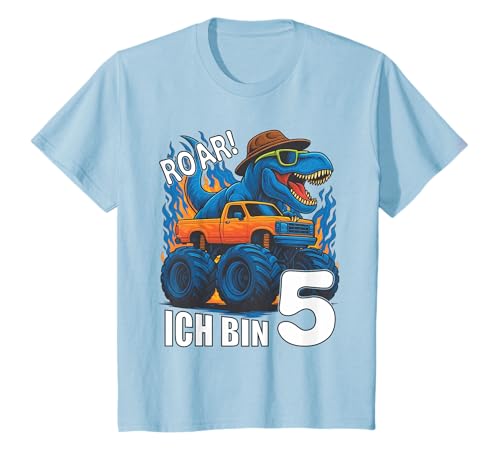 Kinder Dino Ich Bin 5 Dinosaurier Kindergeburtstag Monstertruck T-Shirt von Dino Monster Truck Kinder Geburtstag Geschenke