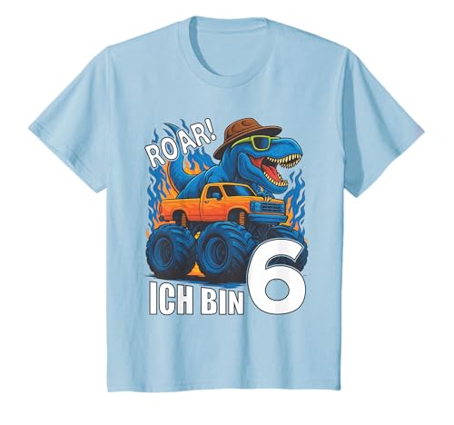 Kinder Dino Ich Bin 6 Dinosaurier Kindergeburtstag Monstertruck T-Shirt von Dino Monster Truck Kinder Geburtstag Geschenke