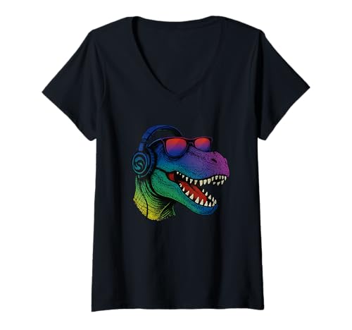 Damen Cooler Retro T-Rex Dino mit Kopfhörern T-Shirt mit V-Ausschnitt von Dino Music Vibes