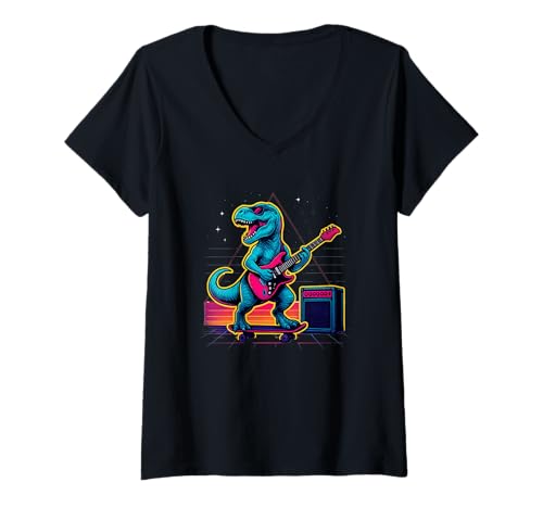 Damen Skateboard Sunset Vibe Retro Funny Guitarist Dinosaurier T-Shirt mit V-Ausschnitt Damen Skateboard Sunset Vibe Retro Funny Guitarist Dinosaurier T-Shirt mit V-Ausschnitt von Dino Riffs Guitar Lover Skater Musician Rocker