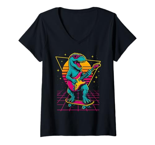 Damen Skateboard Sunset Vibe Retro Funny Guitarist Dinosaurier T-Shirt mit V-Ausschnitt Damen Skateboard Sunset Vibe Retro Funny Guitarist Dinosaurier T-Shirt mit V-Ausschnitt von Dino Riffs Guitar Lover Skater Musician Rocker