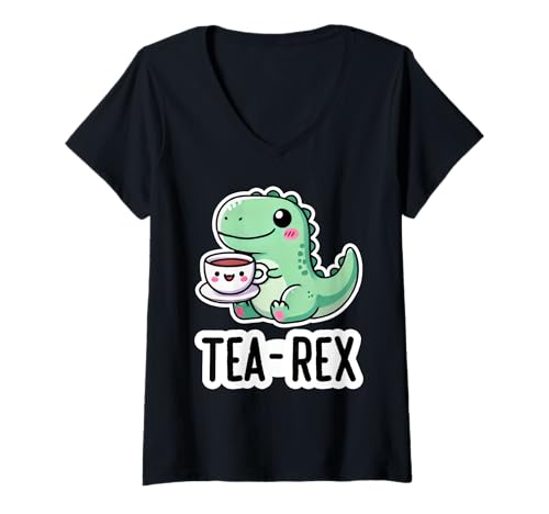 Damen Tea-rex niedlicher T-Rex-Dinosaurier kawaii lustiges Dino-Wortspiel T-Shirt mit V-Ausschnitt Damen Tea-rex niedlicher T-Rex-Dinosaurier kawaii lustiges Dino-Wortspiel T-Shirt mit V-Ausschnitt von Dino Tea Lover Apparel