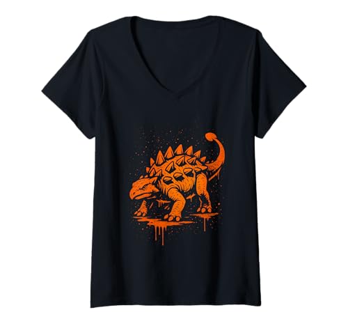 Damen Ankylosaurus-Dinosaurier-Graffiti-Illustration T-Shirt mit V-Ausschnitt Damen Ankylosaurus-Dinosaurier-Graffiti-Illustration T-Shirt mit V-Ausschnitt von Dino Walls