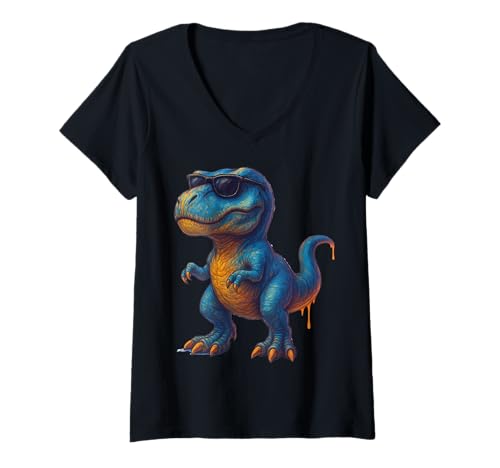 Damen Cooler Dinosaurier mit Sonnenbrille Retro T-Shirt mit V-Ausschnitt von Dino & Dinosaurier Kollektion