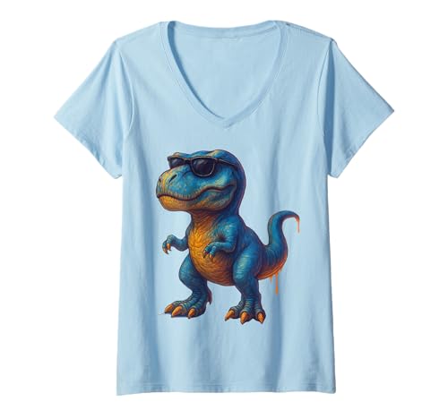 Damen Cooler Dinosaurier mit Sonnenbrille Retro T-Shirt mit V-Ausschnitt von Dino & Dinosaurier Kollektion
