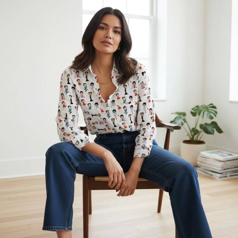 Betty Boop Muster 3D All Print Frauen Freizeithemd, Langarm Button-Down-Shirt, Bluse Shirt, Custom Shirt Für Sie von DinoBeermann