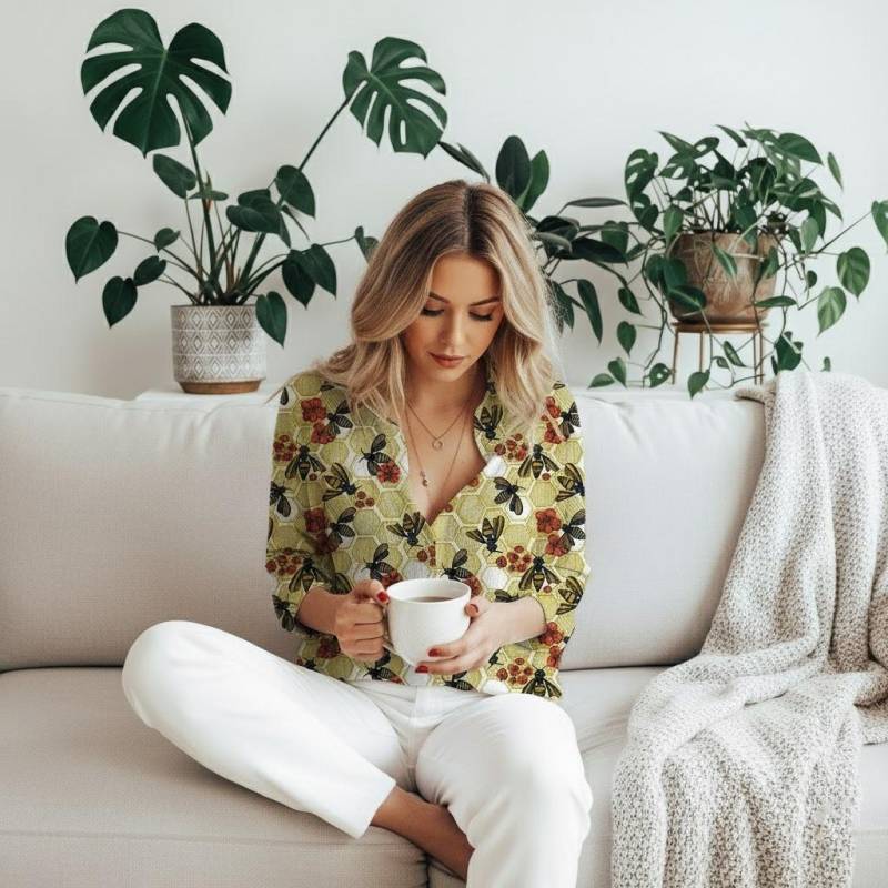 Biene Blumenmuster 3D All Print Frauen Casual Shirt, Bee Langarm Button-Down-Shirt, Bluse Lover Für Sie von DinoBeermann