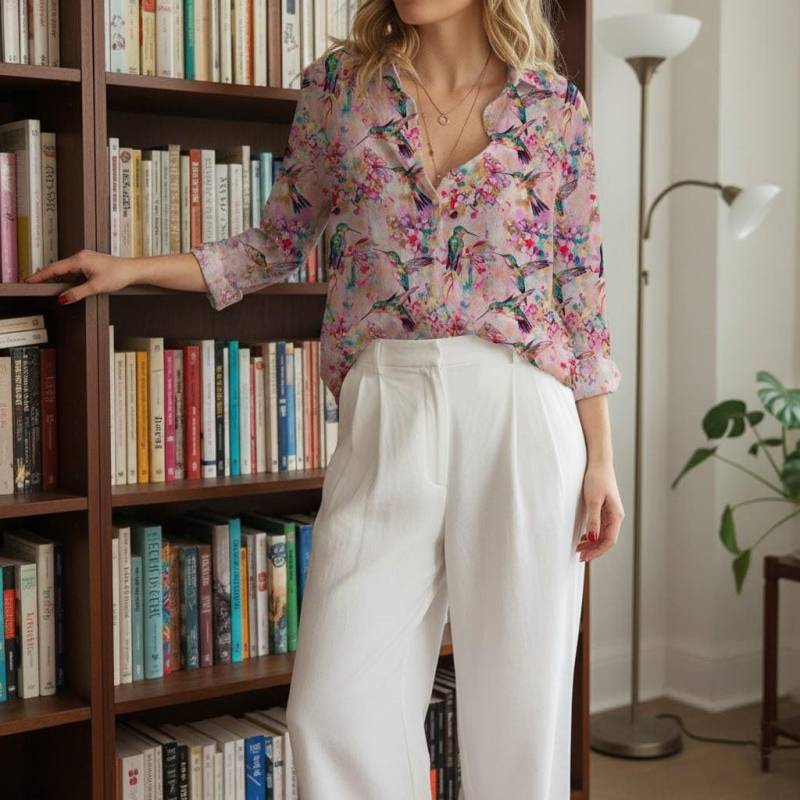 Kolibri Blume 3D All Print Frauen Casual Shirt, Langarm Button Down Bluse Vogel-Liebhaber-Shirt von DinoBeermann