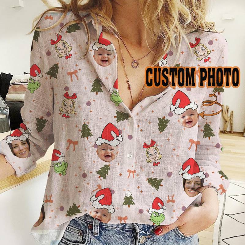 Personalisierte Foto Weihnachten 3D All Print Frauen Casual Shirt, Benutzerdefinierte Langarm Bluse Shirt von DinoBeermann