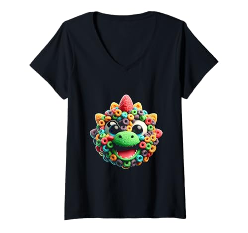 Damen Fruit Loop Dino Brüllt in Farbe T-Shirt mit V-Ausschnitt von DinoLoops Apparel Co.