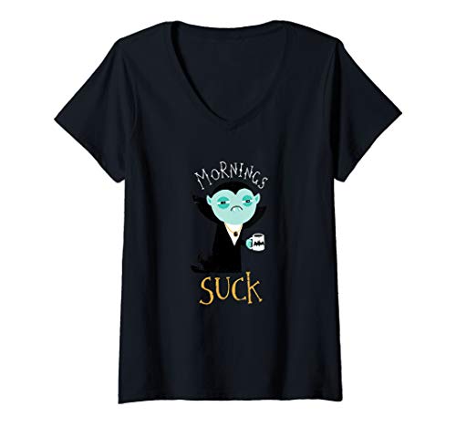 Damen Mornings Suck - Cute & Funny Grumpy Morning Vampire DM T-Shirt mit V-Ausschnitt Damen Mornings Suck - Cute & Funny Grumpy Morning Vampire DM T-Shirt mit V-Ausschnitt von DinoMic
