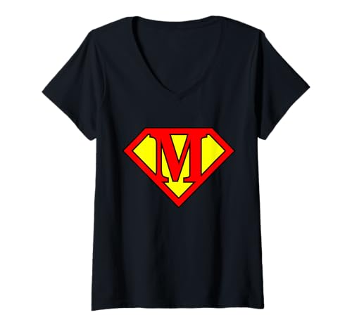 Damen Superhelden-Buchstabe M, Superbuchstabe M, Super M, M Buchstabe Mutter T-Shirt mit V-Ausschnitt Damen Superhelden-Buchstabe M, Superbuchstabe M, Super M, M Buchstabe Mutter T-Shirt mit V-Ausschnitt von DinoZ
