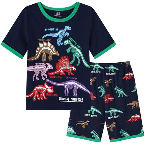 Dinopjs Jungen Kurzarm Schlafanzug Lounge Pyjama Set Dinosaurier Jura-Welt T-Shirts mit Shorts Junge Nachtwäsche Dino Allover Snug Fit Baumwolle Zuhause Freizeitkleidung für 3-8Y (Dunkelblau) von Dinopjs