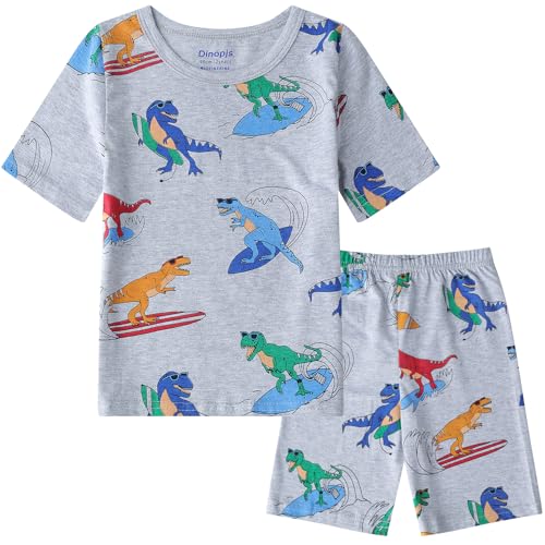 Dinopjs Jungen Kurzarm Schlafanzug Lounge Pyjama Set Dinosaurier T-Shirts mit Shorts Junge Nachtwäsche Dino-surfen Allover Snug Fit Baumwolle Zuhause Freizeitkleidung für 3-8Y (Grau) von Dinopjs