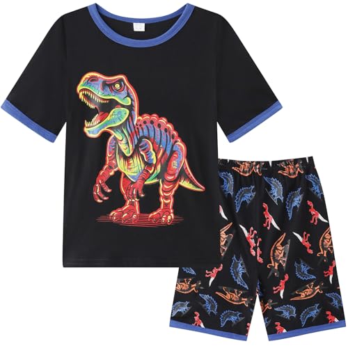 Dinopjs Jungen Kurzarm Schlafanzug Lounge Pyjama Set Großer Dinosaurier T-Shirts mit Shorts Junge Dino Nachtwäsche Snug Fit Baumwolle Zuhause Freizeitkleidung für 3-8Y (Schwarz) von Dinopjs