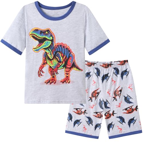 Dinopjs Jungen Schlafanzug Kurz Bequemer Pyjama-Set aus Baumwoll Dino Pyjamaset Dinosaurier T-Rex Cartoon-Muster für 128/7-8Y Kinder, Hellgrau von Dinopjs