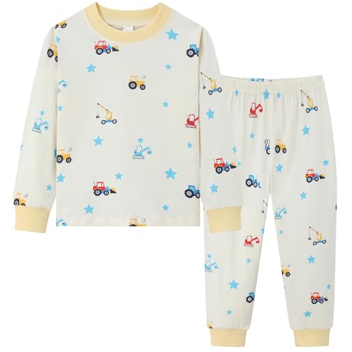 Dinopjs Jungen Schlafanzug Lange Ärmel & Hose Bequemer Junge Pyjama-Set aus Baumwoll Allover Druck Cartoon-Muster Traktor Kran Bulldozer Pyjamaset für Kinder, Beige Gelb von Dinopjs