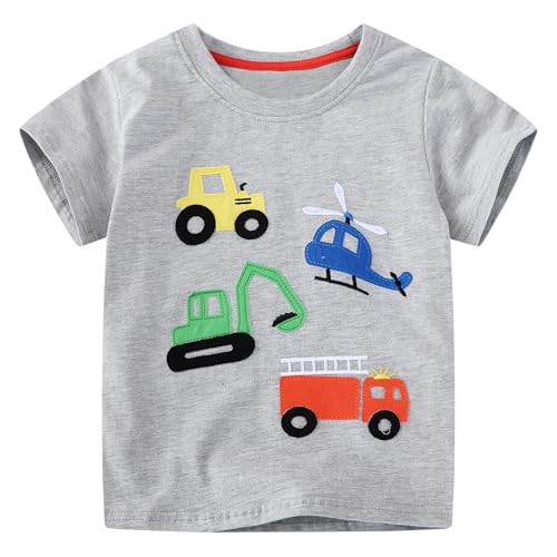 Dinopjs Jungen T Shirt Cartoon Hubschrauber Traktor Feuerwehrfahrzeuge Bagger Patchwork-Stickereimuster Baumwolle Casual Kurzarm für 2-7Y Kinder Boys, Grau von Dinopjs
