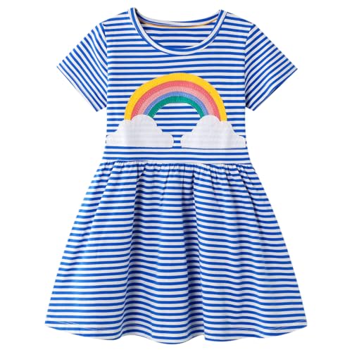 Dinopjs Kleid für Mädchen Kurzarm T-Shirt Kleider Blaue Streifen Regenbogen Ozean Prinzessinnenkleid Kinder Prinzessin Kostüm Tägliche Freizeitkleidung 2-7 Jahre von Dinopjs
