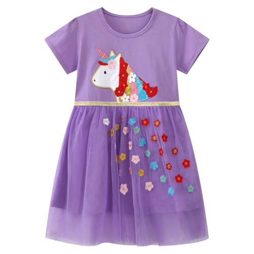 Dinopjs Mädchen Einhorn Kleid Kurzarm Kleider Klassischer Rock mit Blumenstickerei Elegantes lila Kleider Reis Tüllrock Kinderrock Prinzessin Freizeitkleid für 2-9 Jahre Kinder von Dinopjs