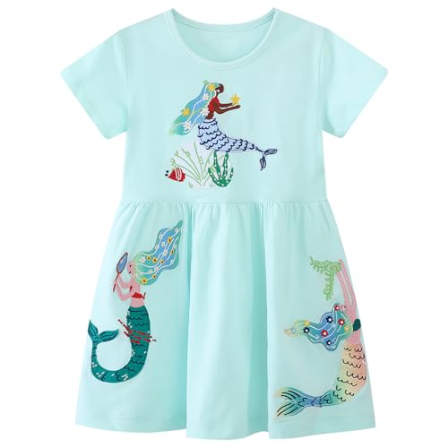 Dinopjs Mädchen Kleid Märchenhafte Meerjungfrau Kühl Sommerkleid Schutz des Ozeans Thema T-Shirts Kleider Cartoon-Comic Stickerei für 2-9 Jahre Süßes Kleines Kind von Dinopjs