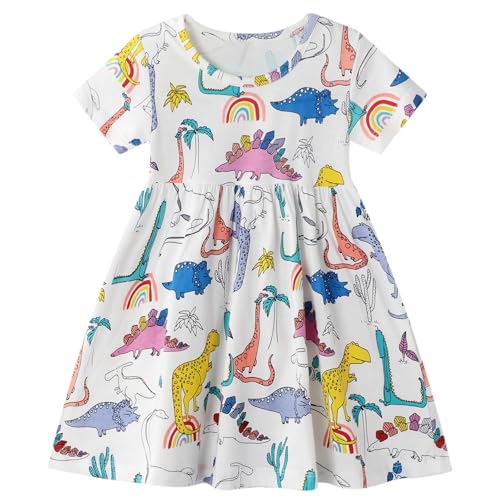 Dinopjs Mädchen Kleid Niedlicher Jurassic Welt Dinosaurier Cartoon-Dino Tiere Blumenrock Lässige Alltagskleidung Kurzarm Weißer Rock Prinzessinnenkleid 2-7 Jahre von Dinopjs