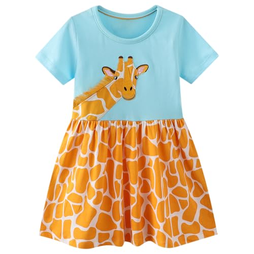 Dinopjs Mädchen Kleid Schöne Giraffe T-Shirt Kleider Klassische Gestricktes Patchmuster Orange Giraffenmuster Niedliches Tier Freizeitkleid Kostüme Dress für 2-7 Jahre Kinder von Dinopjs