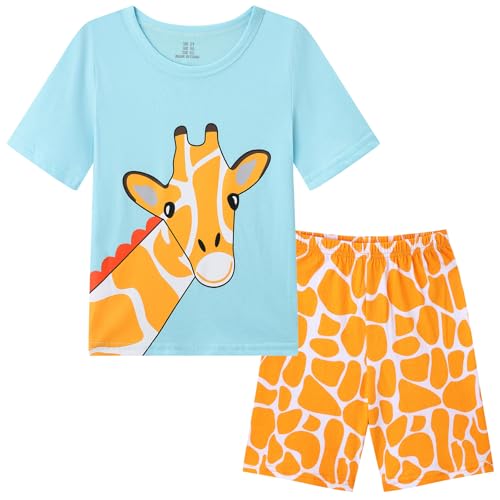 Dinopjs Mädchen Kurzarm Pyjama Set Lächelnde Giraffe Orange Textur Girls Home Sleepwear Baumwolle Casual Cartoon T Shirt Sommer Freizeitkleidung für 2-7Y Kinder, Hellblau von Dinopjs