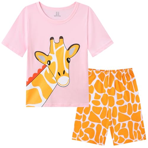 Dinopjs Mädchen Kurzarm Pyjama Set Lächelnde Giraffe Orange Textur Girls Home Wear Baumwolle Casual Cartoon Tiere T Shirt für 2-7Y Kinder, Rosa von Dinopjs
