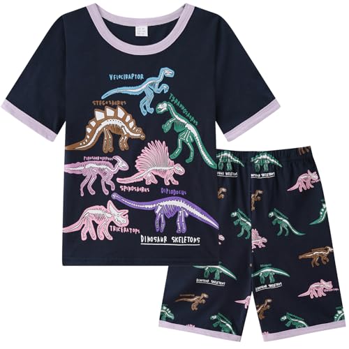 Dinopjs Mädchen Kurzarm Schlafanzug Casual Pyjama Set Dinosaurier Mädche Mehrere Arten von Dino Cartoon Nachtwäsche Snug Fit Baumwolle Zuhause Freizeitkleidung für 2-7Y (Dunkelblau) von Dinopjs