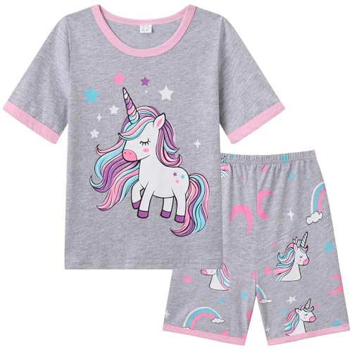 Dinopjs Mädchen Kurzarm Schlafanzug Lounge Pyjama Set Einhorn T-Shirts mit Shorts Mädche Schön Nachtwäsche Snug Fit Baumwolle Zuhause Freizeitkleidung für 2-7Y (Grau) von Dinopjs