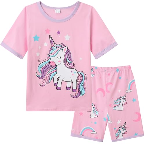 Dinopjs Mädchen Kurzarm Schlafanzug Lounge Pyjama Set Einhorn T-Shirts mit Shorts Mädche Schön Nachtwäsche Snug Fit Baumwolle Zuhause Freizeitkleidung für 2-7Y (Rosa) von Dinopjs