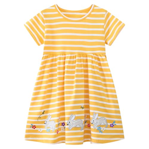 Dinopjs Mädchen Lässiges T-Shirt-Kleid Kleines Osterhase jagt Bienen durch Blumen Klassische gelbe Streifen Sommerliches Freizeitkleid Baumwolle Prinzessin Kleid Festtagskleidung für 2-9 Kinder von Dinopjs