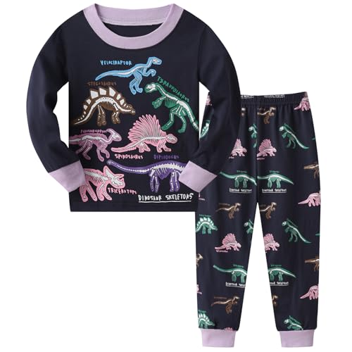 Dinopjs Mädchen Langarm Schlafanzug Casual Pyjama Set Dinosaurier Lange Hose Allover-Print mit Dino Muster Mädche Cartoon Baumwolle Schlafkleidung Hausanzug Weihnachtspyjama für 2-7Y (Dunkelblau) von Dinopjs