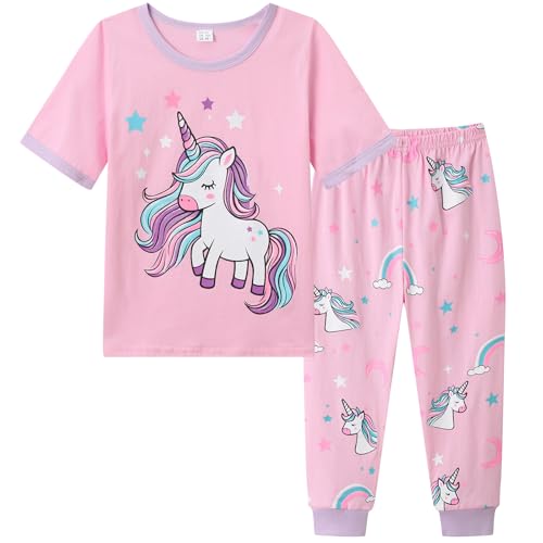 Dinopjs Mädchen Schlafanzug Kurzarm Oberteile & Lange Hose Pyjama Set Casual Einhorn Muster Sterne Mädche Cartoon Baumwolle Schlafkleidung Heimkleidung Urlaubskläder für Kinder, Rosa von Dinopjs