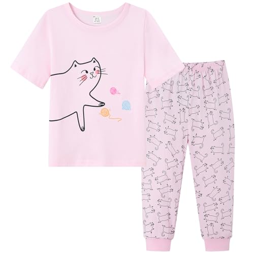 Dinopjs Mädchen Schlafanzug T-Shirt & Lange Hose Pyjama Set Casual Die Katze Spielt mit Wollknäueln Muster Allover-Print Mädche Cartoon Baumwolle Schlafkleidung Hausanzug für Kinder, Rosa von Dinopjs