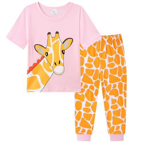 Dinopjs Mädchen Schlafanzug T-Shirt & Lange Hose Pyjama Set Casual Giraffe Muster Allover-Print Orange Giraffenstruktur Mädche Cartoon Baumwolle Schlafkleidung Hausanzug für Kinder, Rosa von Dinopjs