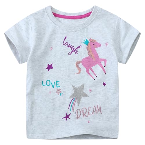 Dinopjs T-Shirt für Mädchen Casual Kurzarm Einhorn Prinzessin Girls Short Sleeve Top Glänzende Sterne Muster Baumwolle Kinderkleidung für 2-7Y von Dinopjs