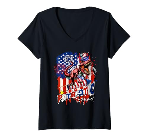 Damen Patriotic Squad 4th Of July US Flag T-rex On Firecracker T-Shirt mit V-Ausschnitt von Dinosaur 4th Of July Costume