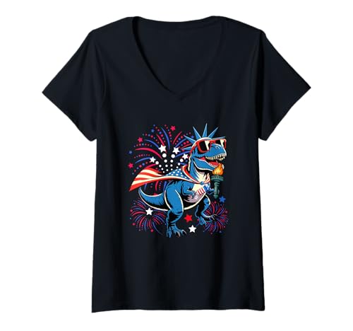 Damen T-rex Sonnenbrille US-Flagge 4. Juli Feuerwerk Proud Freedom T-Shirt mit V-Ausschnitt Damen T-rex Sonnenbrille US-Flagge 4. Juli Feuerwerk Proud Freedom T-Shirt mit V-Ausschnitt von Dinosaur 4th Of July Costume