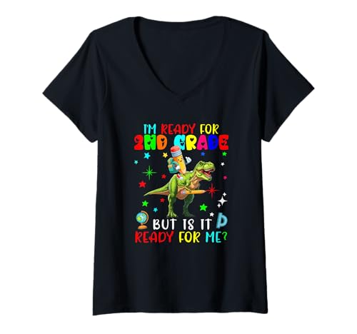 Damen Ready For 2nd Grade Pencil On T-rex Students Kids Colorful T-Shirt mit V-Ausschnitt Damen Ready For 2nd Grade Pencil On T-rex Students Kids Colorful T-Shirt mit V-Ausschnitt von Dinosaur Back To School Costume