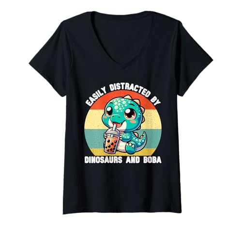 Damen Leicht abgelenkt von Dinosauriern und Boba Mädchen Kinder Jungen T-Shirt mit V-Ausschnitt von Dinosaur Bubble Tea Lover for Boys Men Kids